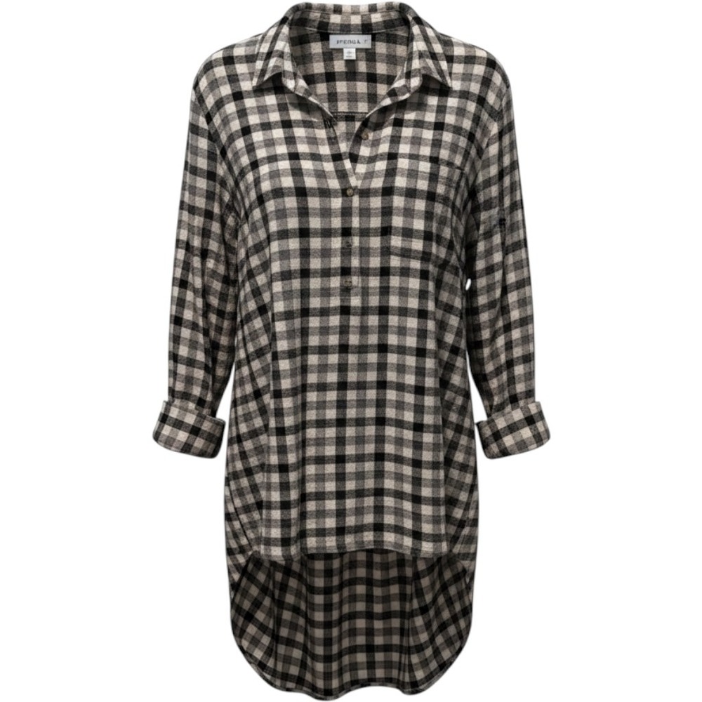 Pistola Plaid Button Down Shirt Black Tan Medium Oversized Cozy Casual Boho